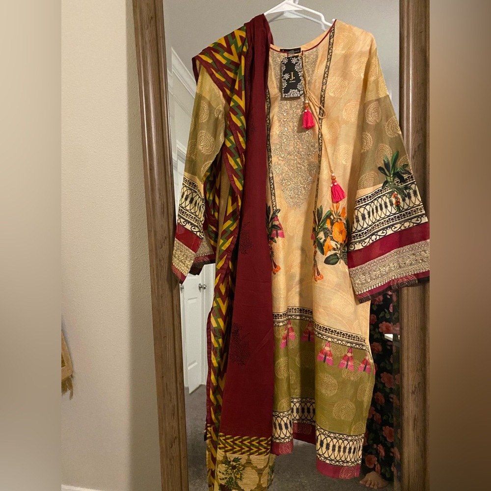 J. Women's Embroidered  lawn with maroon, pink, golden and Cream Accents
